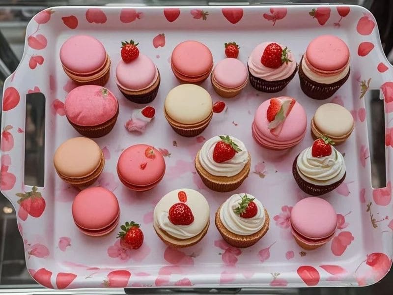 A large melamine tray with a strawberry pattern