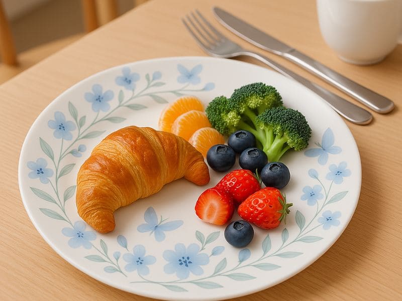 Custom Floral design plate featuring blue flowers with a croissant and fresh fruits