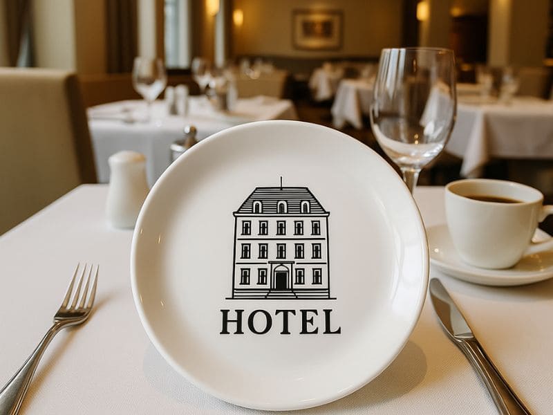 Melamine appetizer plate with hotel building design