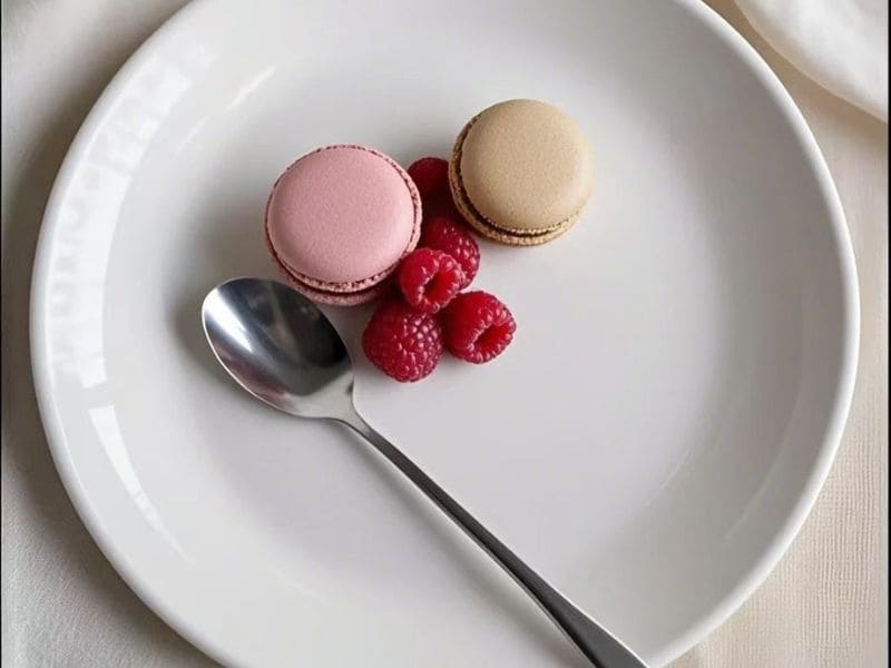 Custom Round white melamine plate with dessert and spoon