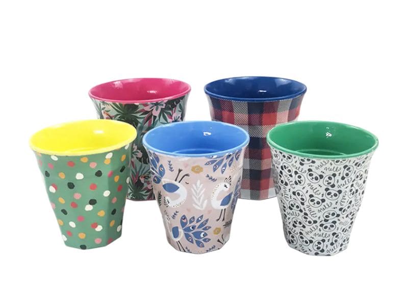 Assorted printed 170ml melamine childrens cups in playful patterns on white background