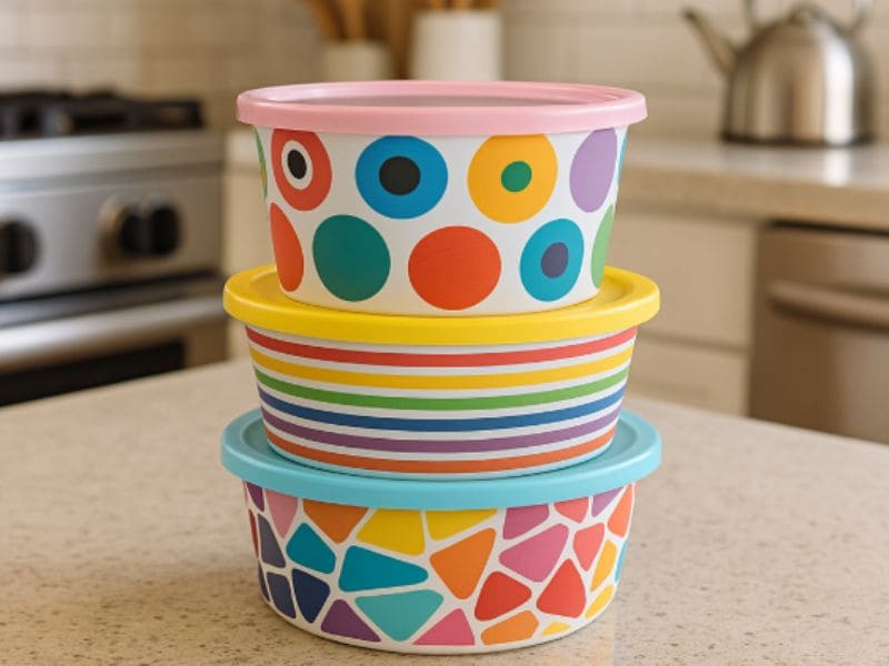 Custom Colorful melamine mixing bowl set with polka dot, stripe, and mosaic designs