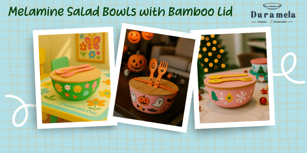 Custom Melamine Salad Bowl with Bamboo Lid Wholesale from Duramela