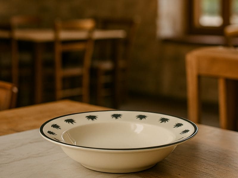 Deep cream melamine pho bowl with palm tree rim design, ideal for Vietnamese noodle soup