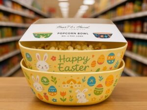 Custom Easter-themed melamine popcorn bowl set with bunny and egg prints, stacked and filled with popcorn wholesale