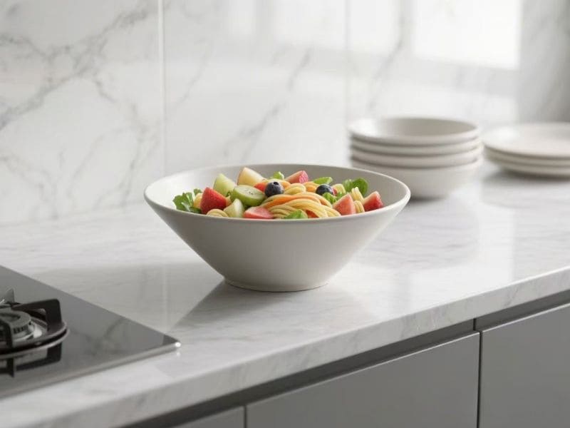 Large melamine bowl filled with fresh fruit salad on kitchen counter