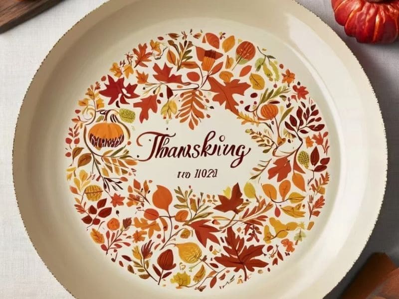 Custom Melamine Thanksgiving plate with autumn leaves wreath and Thanksgiving typography