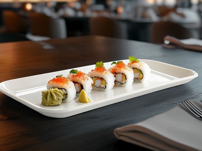 Melamine rectangular plate with sushi and wasabi presentation - Duramela