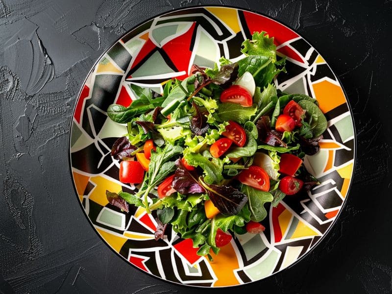 Custom Melamine salad plate with abstract geometric pattern in red, yellow, and black