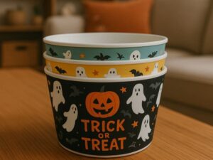 Custom Set of three Halloween melamine popcorn bowls with ghost and pumpkin prints wholesale
