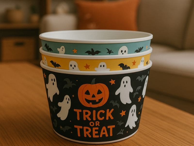 Custom Set of three Halloween melamine popcorn bowls with ghost and pumpkin prints wholesale
