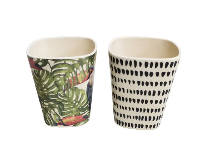 Stylish 280ml melamine cup set with tropical toucan and black dotted design for modern dining