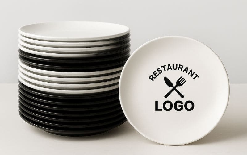 A clean, professional shot of neatly stacked white and black melamine plates