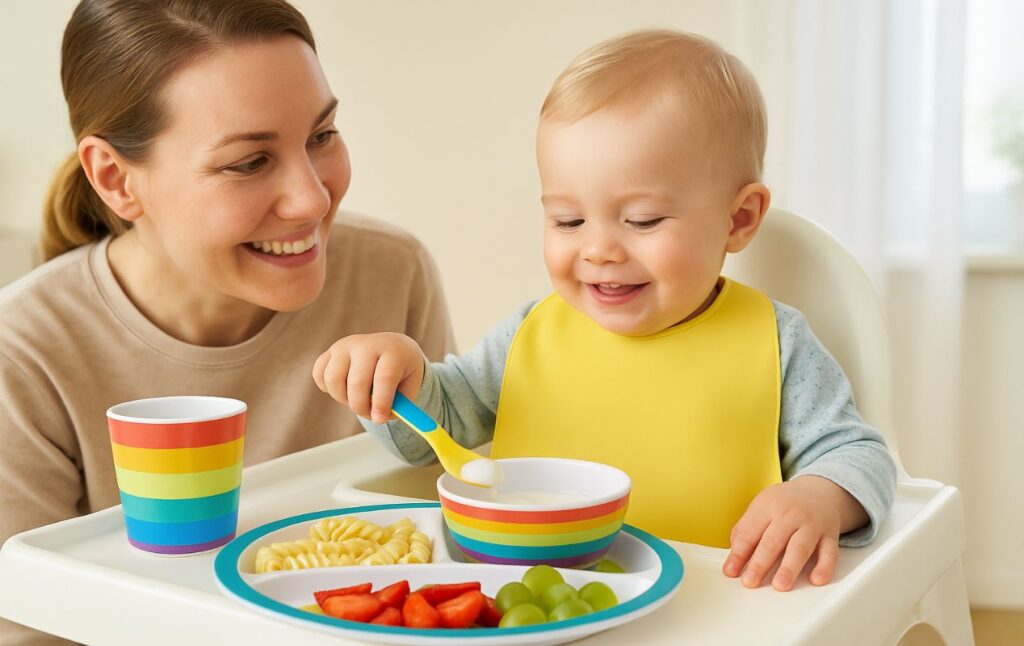 Baby eating with colorful BPA-free melamine plates and cup