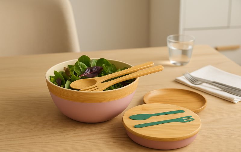 Bamboo Fiber Salad Bowl Set with Salad Bamboo Lid and Servers