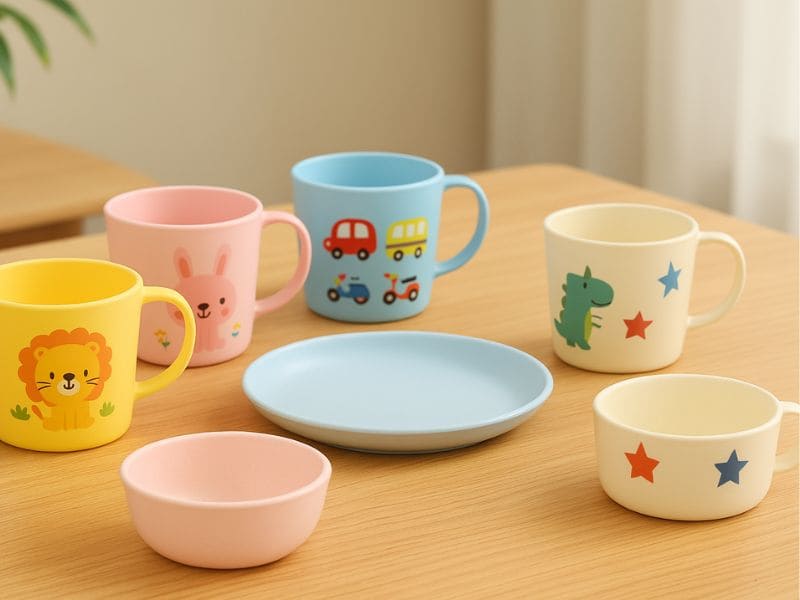 Bear and rainbow-shaped bamboo melamine plates and bowls for children’s meals