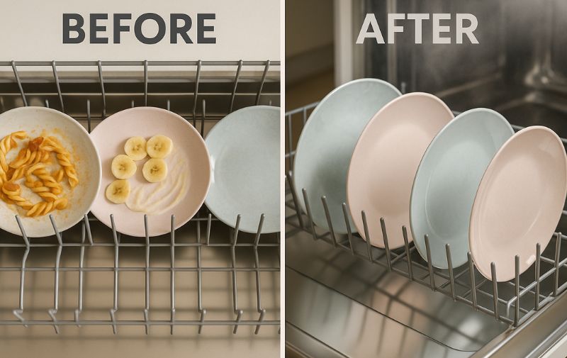 Before and after comparison of melamine plates in the dishwasher