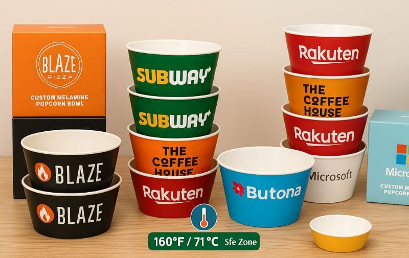 Complete display diagram of branded packaging for a melamine popcorn bowl