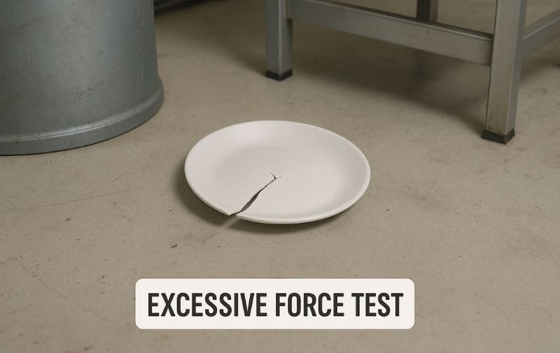 Cracked melamine plate from excessive force test, showing break only under extreme conditions
