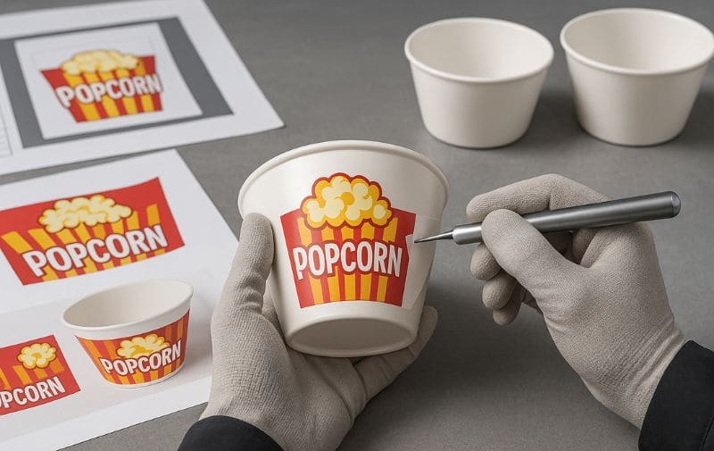 Custom printing process flow diagram for a melamine popcorn bowl