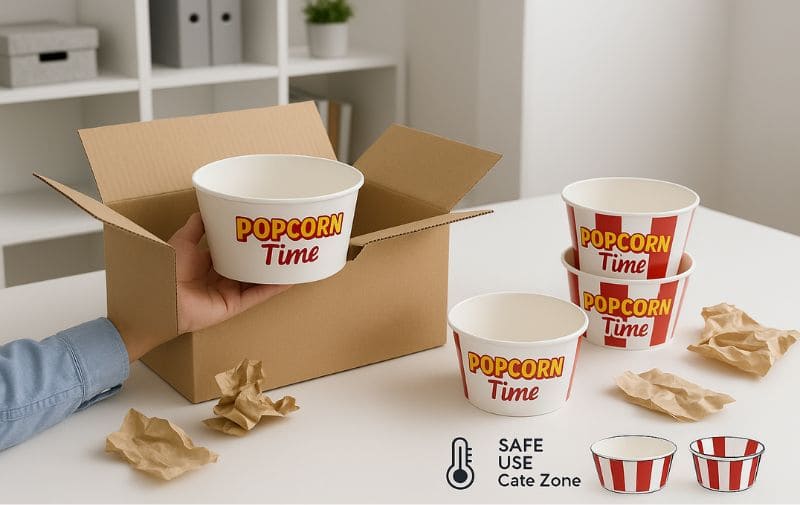 Customer unboxing moment of the custom-branded melamine popcorn bowl