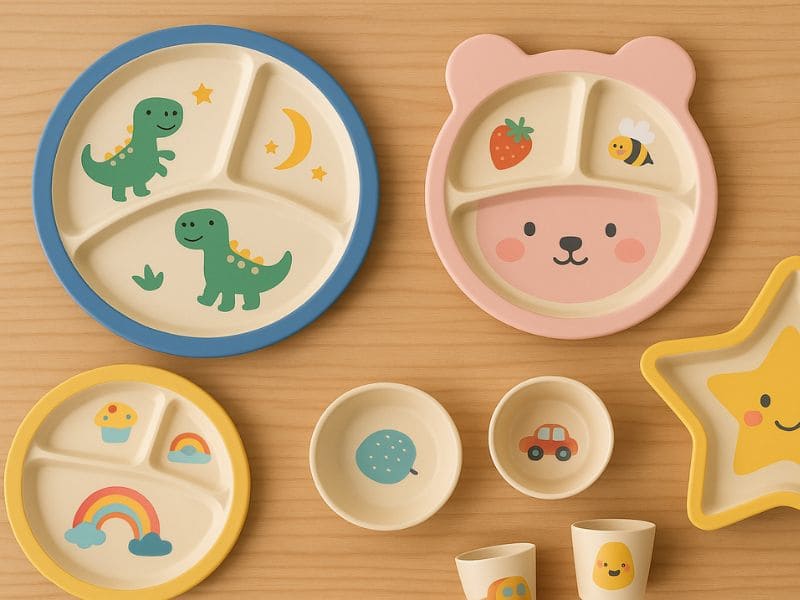 Cute dinosaur and moon-themed bamboo divided plates for toddlers