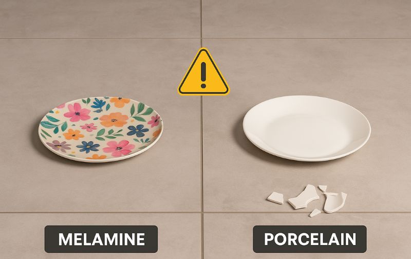 Drop test scenario (melamine plate intact vs porcelain broken)