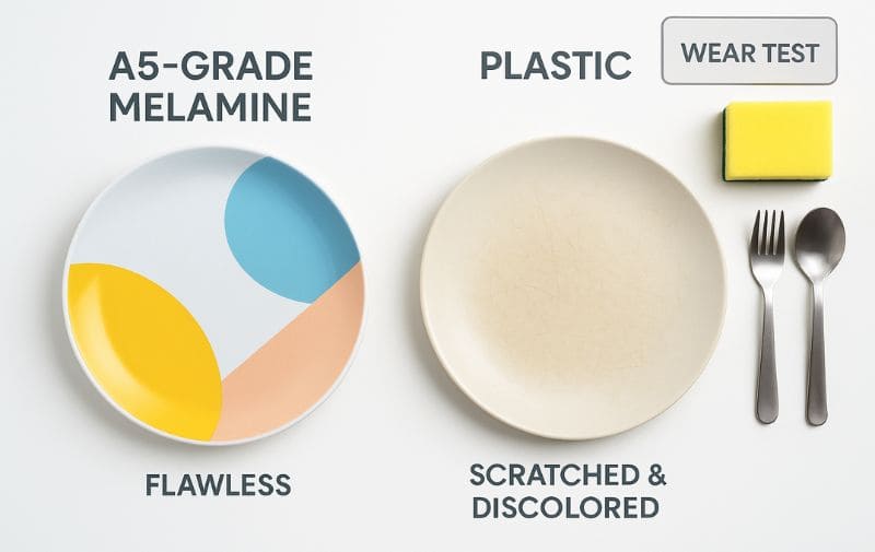 Durable A5 Melamine vs Scratched Plastic Plate