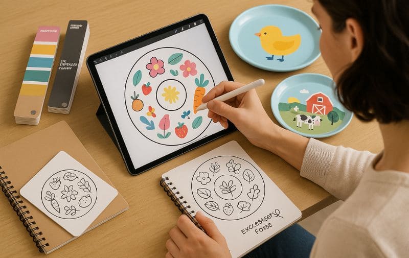 Factory Designer Working on Custom Melamine Plate Artwork