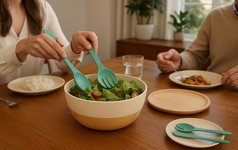 Family Serving Salad From Bamboo Bowls