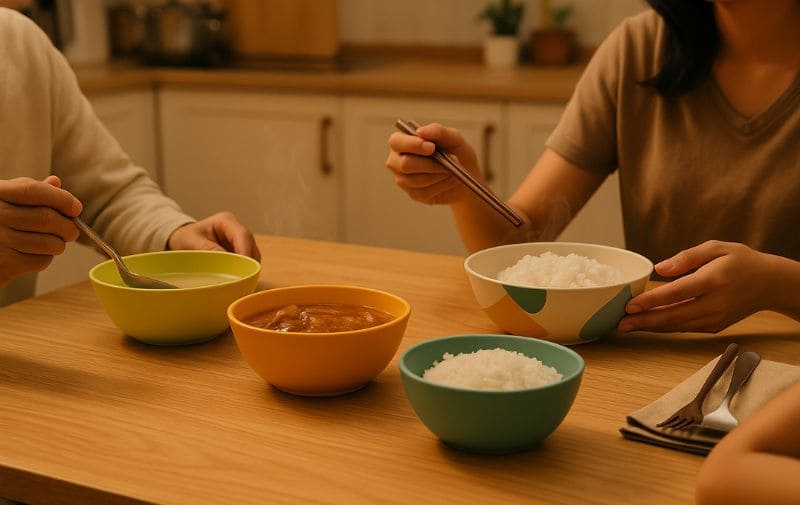 Family dining scene – Each person uses a melamine bowl to eat hot rice and dishes
