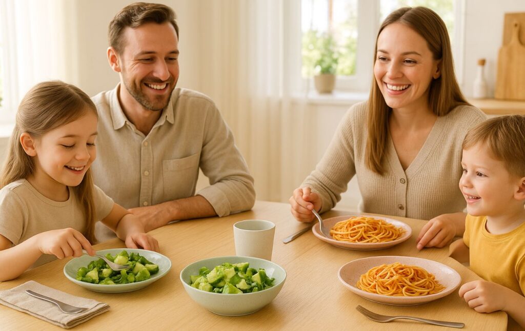 Family enjoying a safe meal using pastel melamine plates at home