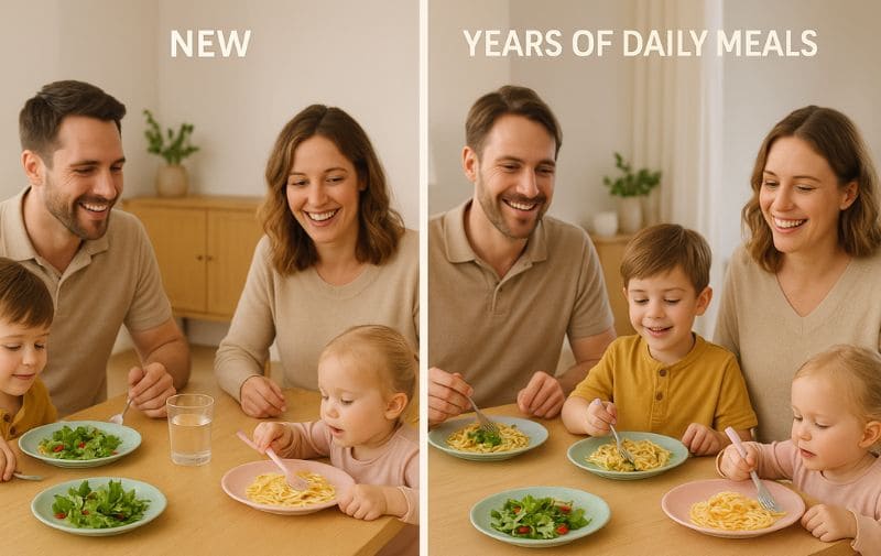 Family using new and years-old melamine plates, both still vibrant after daily meals
