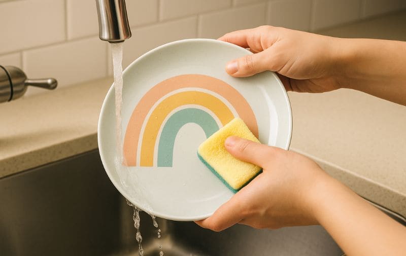 Hand washing a rainbow-printed melamine plate under running water with a soft sponge