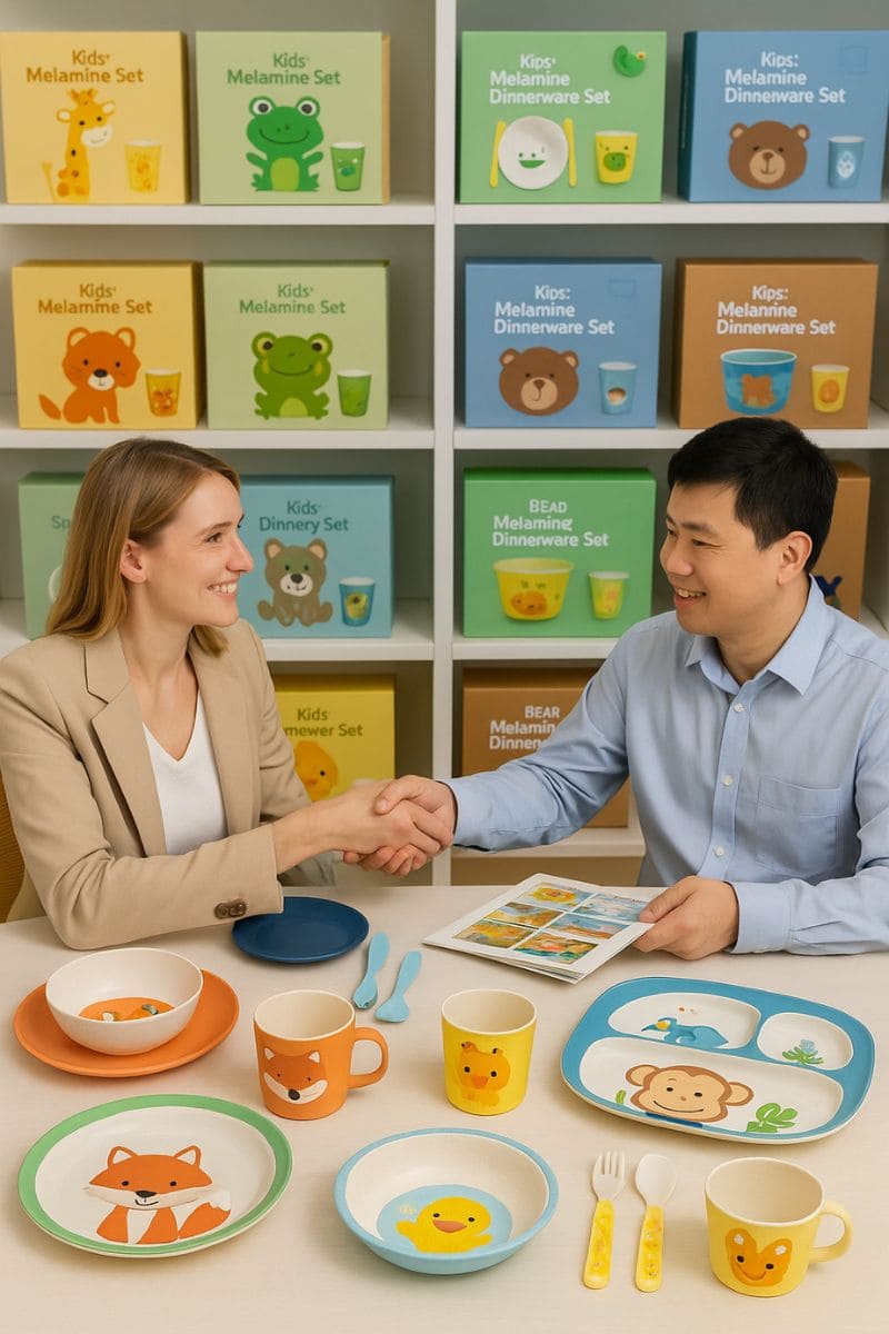 Kids bamboo melamine dinnerware set with animal prints showcased in a showroom handshake setting.