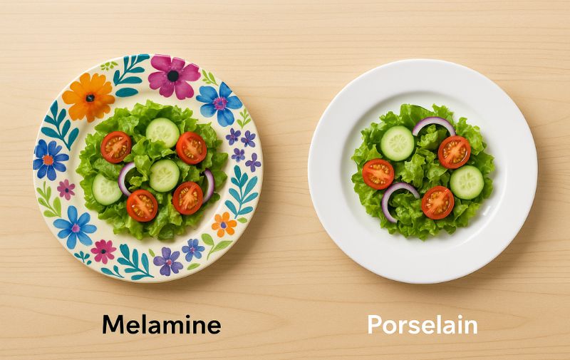 Melamine and porcelain dinner plates placed side by side