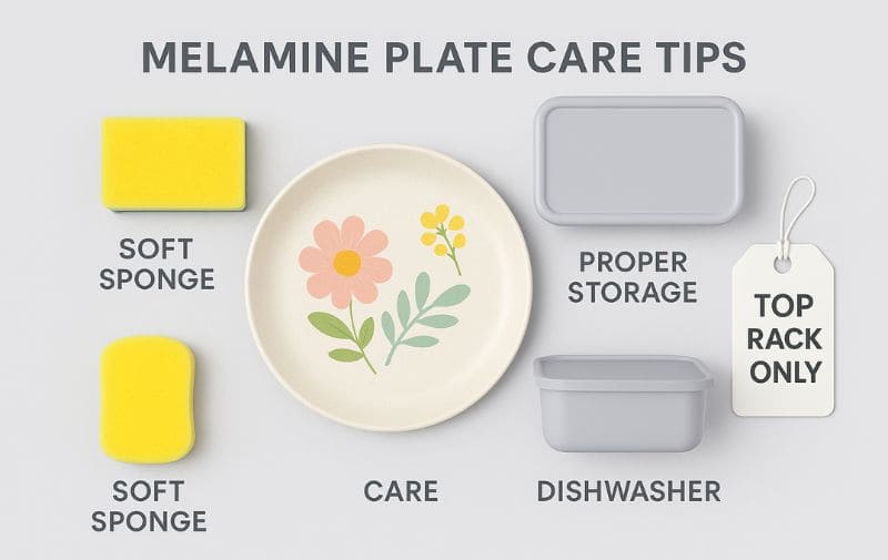 Melamine plate care guide showing soft sponge, dishwasher, and top rack storage tips