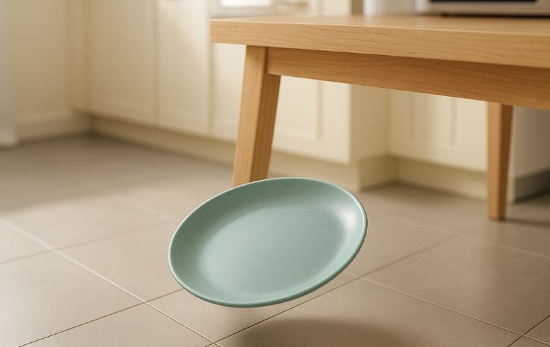 Melamine plate falling from table to floor without breaking, showing daily durability