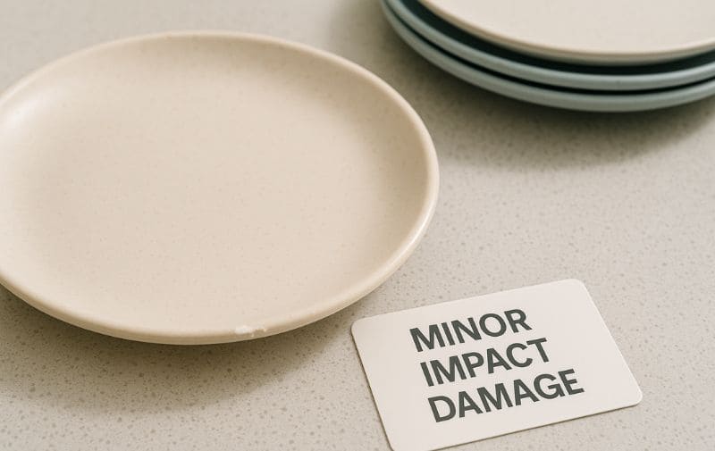 Melamine plate with minor chip on the edge after impact, labeled as minor damage