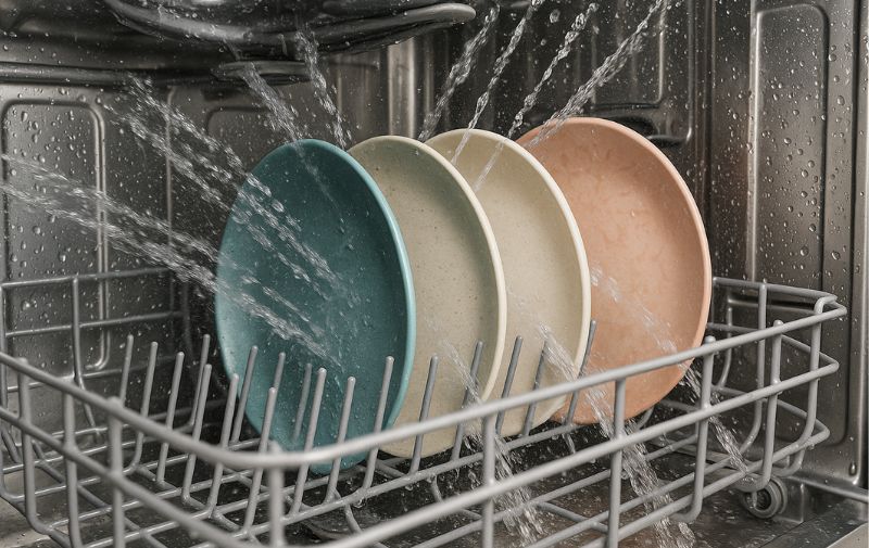 Melamine plates being rinsed clean in a dishwasher cycle