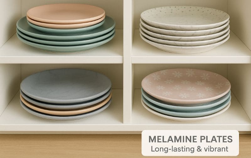 Melamine plates neatly stored on open kitchen shelves, labeled long-lasting and vibrant