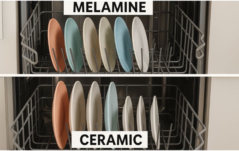 Melamine vs ceramic plates arranged in a dishwasher rack