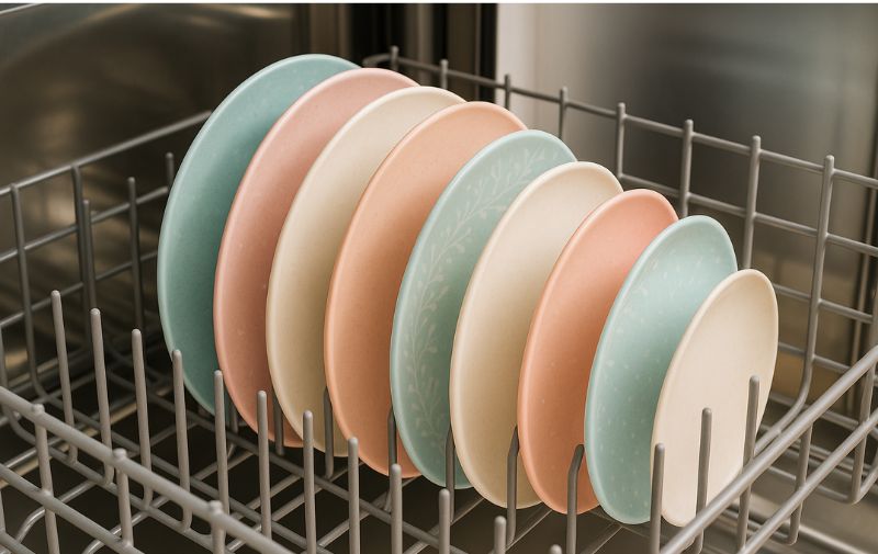 Pastel melamine plates neatly loaded in a dishwasher top rack