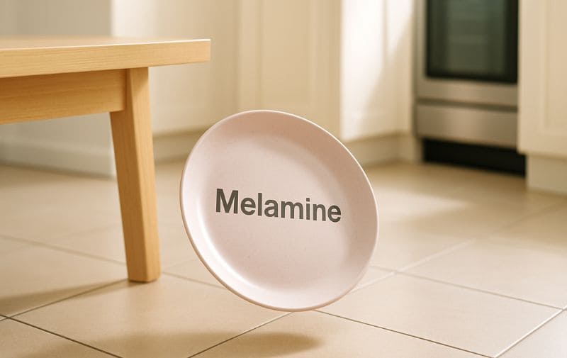 Pink melamine plate mid-air during fall, impact-resistant material highlighted
