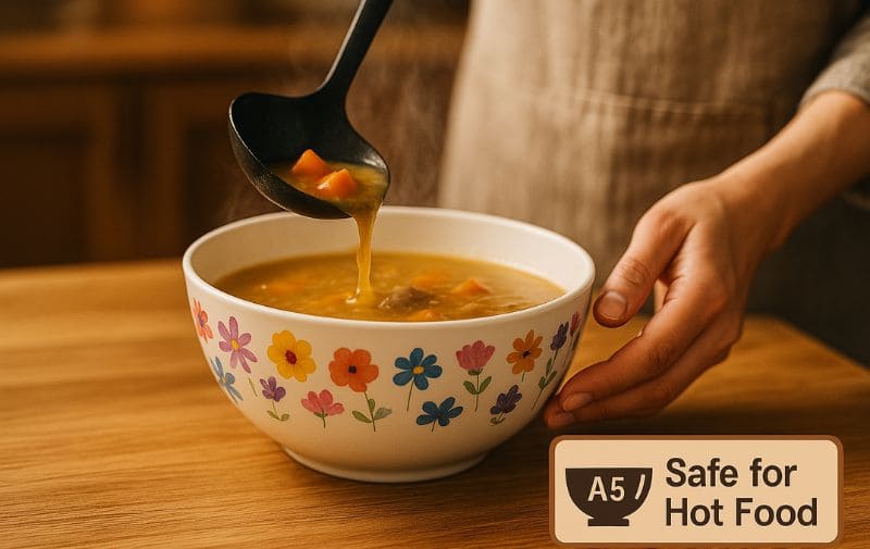 Safe use – Pour hot soup into A5-grade melamine bowls