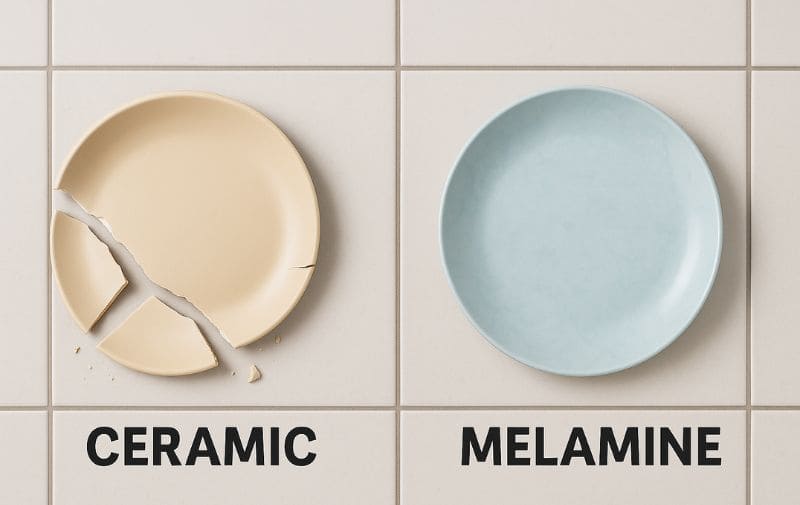 Side-by-side comparison of broken ceramic plate and intact melamine plate after falling