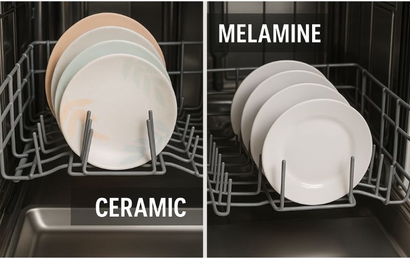 Side-by-side comparison of ceramic and melamine plates post wash
