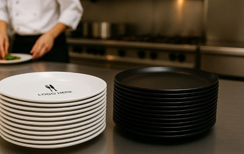Sleek Melamine Plate Stack in Commercial Kitchen