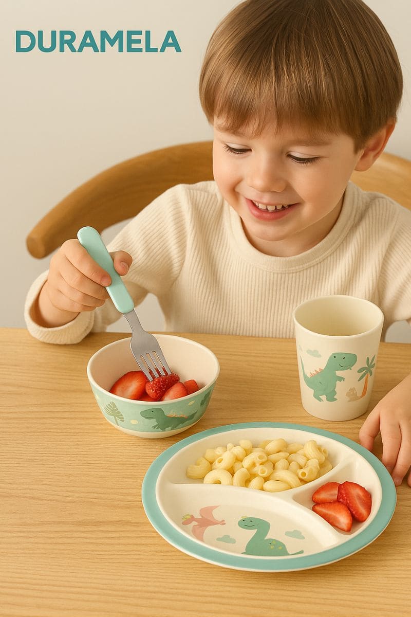 Smiling child using bamboo melamine dinnerware with dinosaur print for breakfast