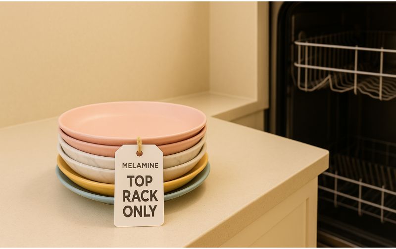 Stack of melamine plates labeled “Top Rack Only” beside dishwasher